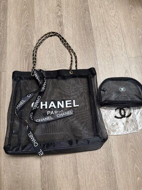 GWP CHANEL Black Mesh Tote with Gold-Chain Handles and Logo Pouch